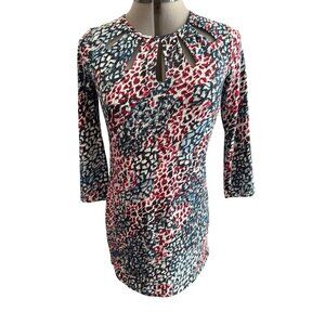 WHBM XXS Multicolor Abstract Print Tunic  With Cutout Neckline & 3/4 Sleeves